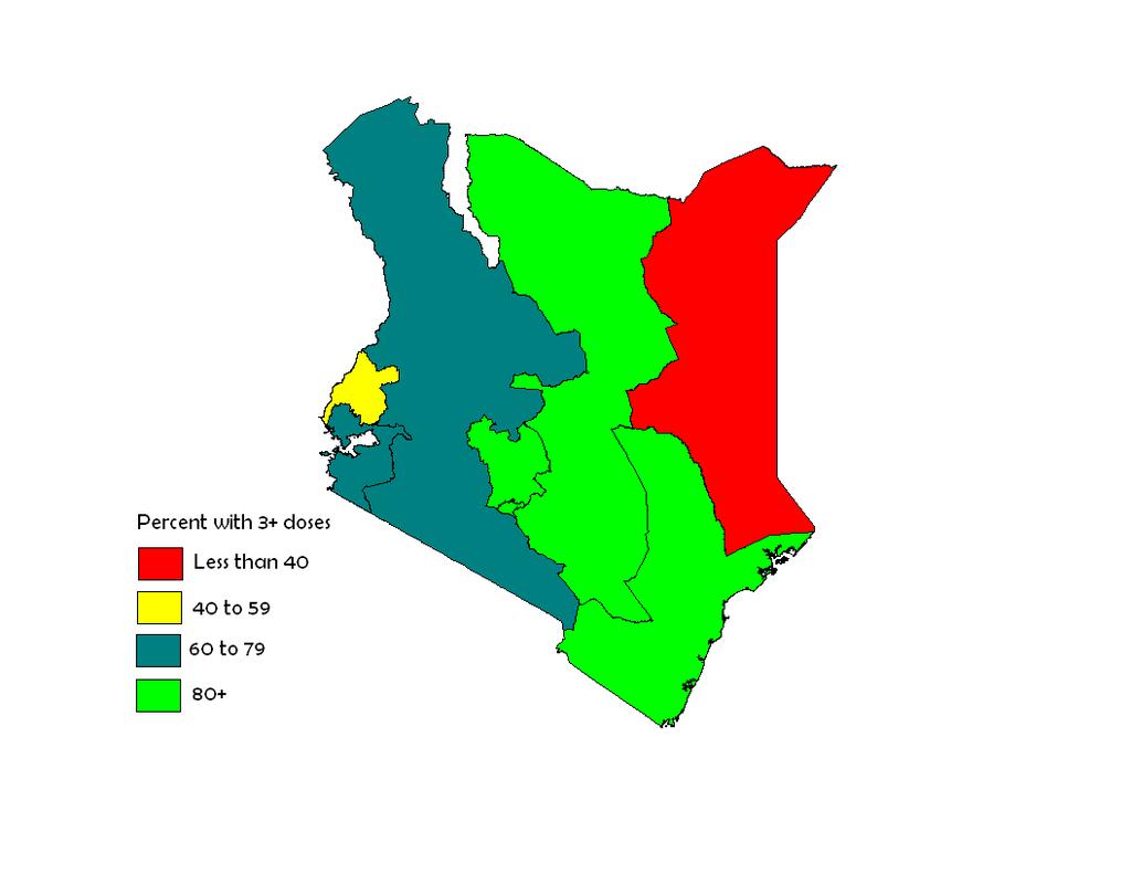 Percentage of Under 5 years Children with AFP and 3+ Doses of OPV by Province, Kenya, 27 th May 2008 to 26 th May 2009 Vaccination status of AFP Cases in 4 out of 8 provinces are