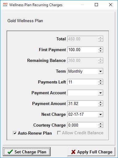 Recurring Charges If the Calculate Plan Charge option was selected when creating the Wellness Plan, a Wellness Plan Recurring Charges window will open when the plan is added to Medical History.