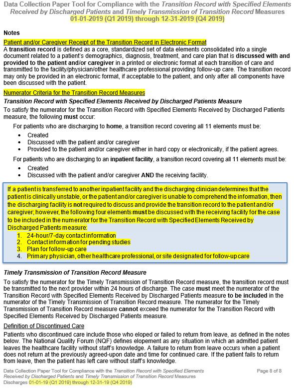 Optional Paper Tools Transition Record Measures CY 2019 The tool, effective for discharges Q1 Q4 2019, includes an updated notes section to include clarification regarding the following: Patient