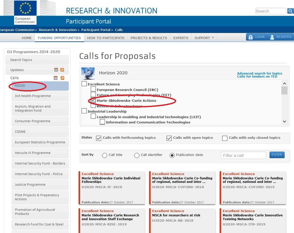 2. Click on H2020, then select Marie Skłodowska-Curie Actions from the Excellent Science Pillar. You will see a list of ALL MSCA calls. 3.