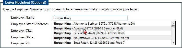 Letter Recipient Section Predictive Text Feature If none of the employers in the list is the correct one, manually enter the contact information. Enter a title for the letter in the Letter Name field.