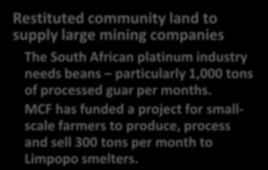 Examples of Projects Funded by the MCF Restituted community land to supply large mining companies The South