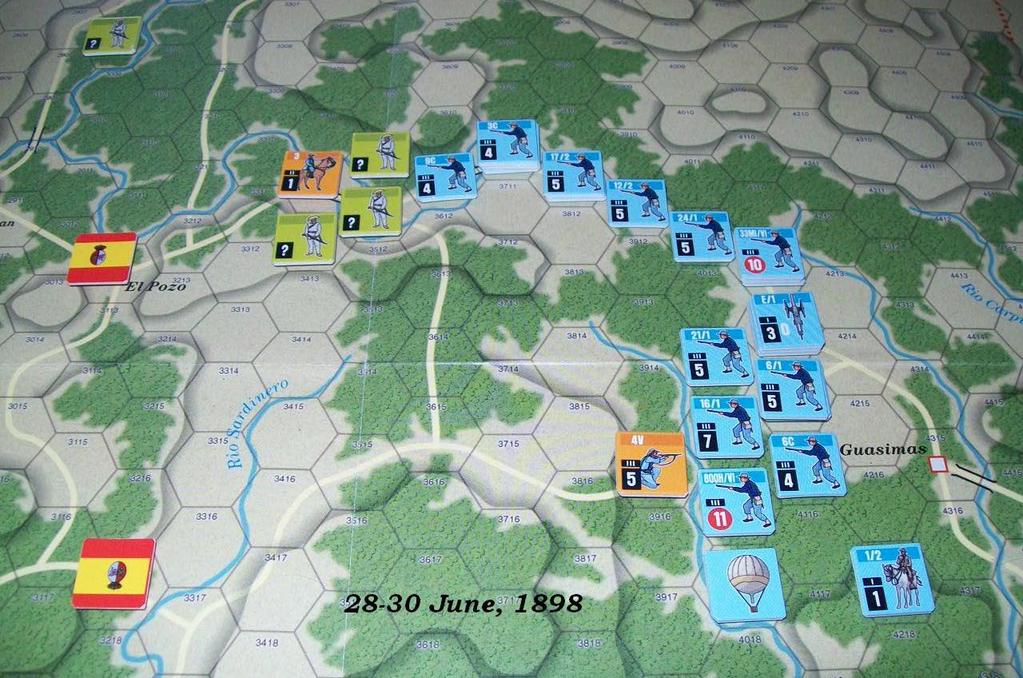 Turn Two: 25-27 June Fifteen more US units disembark at the two invasion sites. Cuban insurgents in the western sector capture a block house just north of the village of Aquandores.