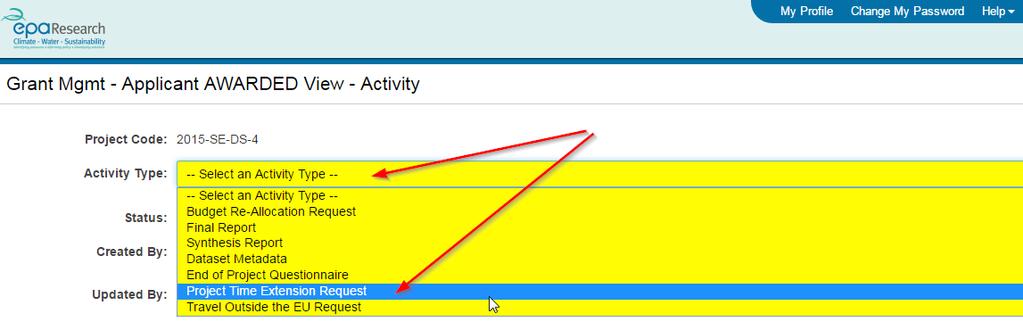 5. You will be brought to the New Activity window as shown below: 6. Select the option Project Time Extension Request in the Activity Type dropdown menu as shown above. 7.