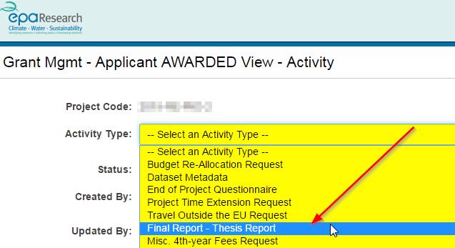 6. This will open the Final Report Thesis Report Activity page as shown below.