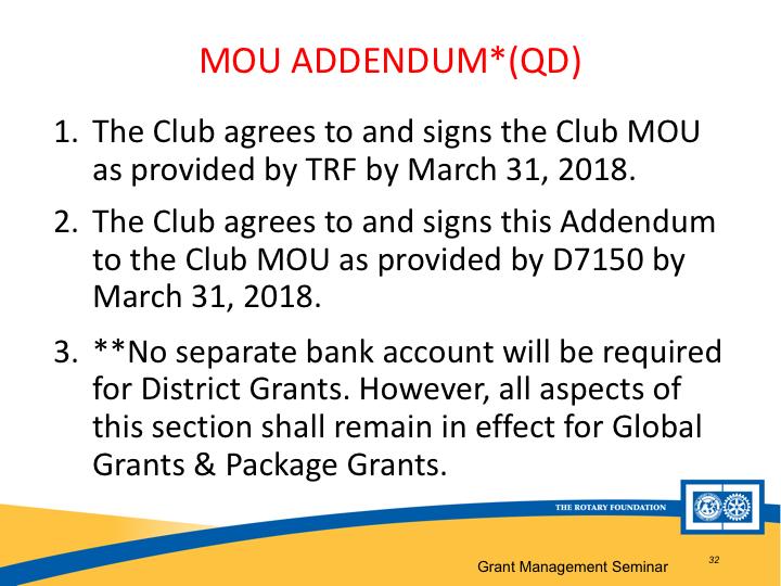 Another document for Terms and Conditions, is this, the official Addendum to The Rotary Foundation (TRF) Club Memorandum of Understanding (MOU).