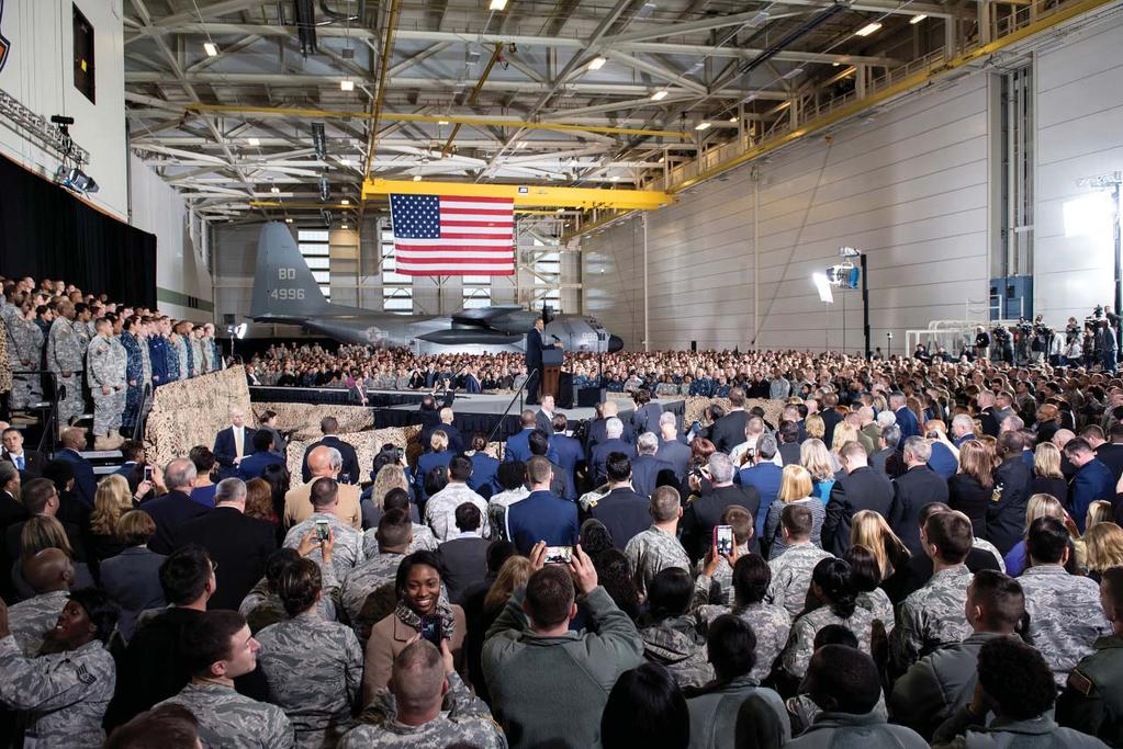 Above: Airmen from the 108th Wing joined more than 3,000 service members and Department of Defense civilians to listen to their Commander-in Chief, President Barack Obama, at Joint Base