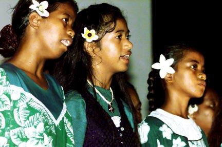 Singers from the Kwajalein Mid- Atoll Jebta, or singing group, perform a song about the