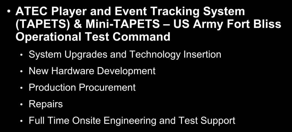 CURRENT SMO RESPONSIBILITIES ATEC Player and Event Tracking System (TAPETS) & Mini-TAPETS US Army Fort Bliss Operational Test Command