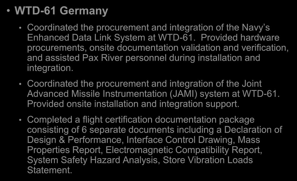 Significant Recent Accomplishments WTD-61 Germany Coordinated the procurement and integration of the Navy s Enhanced Data Link System at WTD-61.