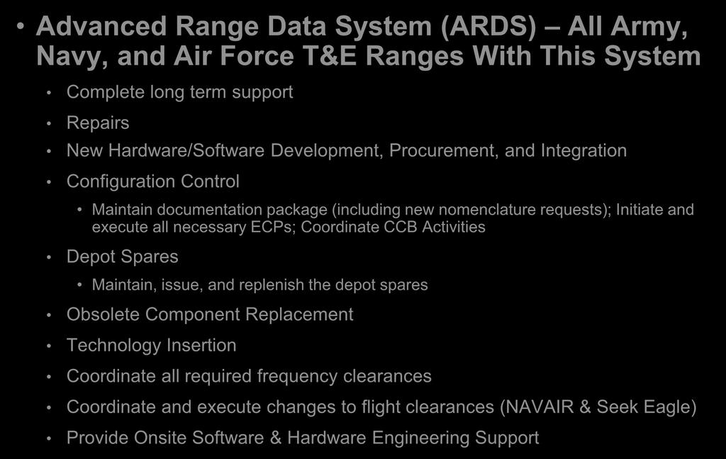 CURRENT SMO RESPONSIBILITIES Advanced Range Data System (ARDS) All Army, Navy, and Air Force T&E Ranges With This System Complete long term support Repairs New Hardware/Software Development,