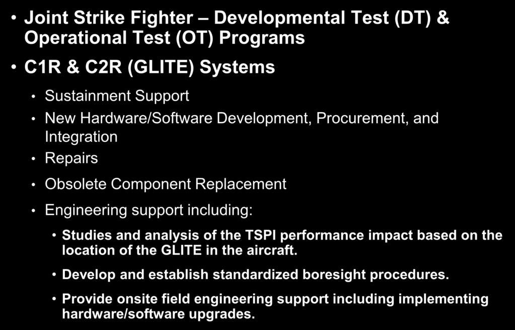 CURRENT SMO RESPONSIBILITIES Joint Strike Fighter Developmental Test (DT) & Operational Test (OT) Programs C1R & C2R (GLITE) Systems Sustainment Support New Hardware/Software Development,