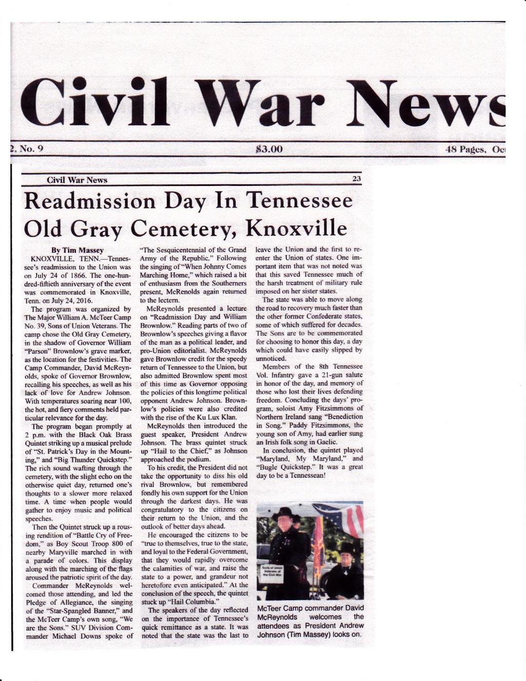 Page 4 The Camp received a 2017 Award of Distinction from the East Tennessee Historical Society for the event Readmission Day 2016.