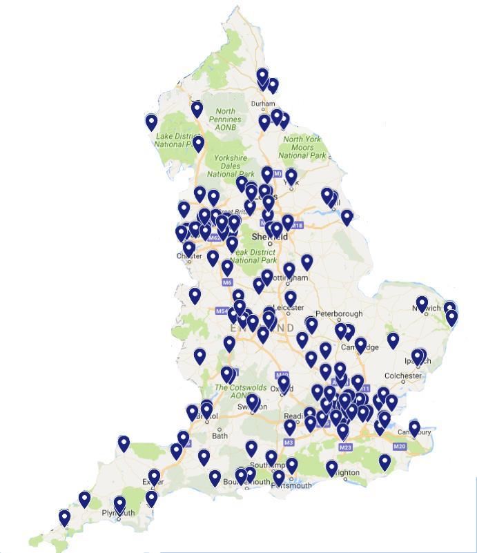 Participant profile Of the 198 organisations contacted, 161 participated in the project, making a response rate of 80%. The map shows where submissions were received from across England.
