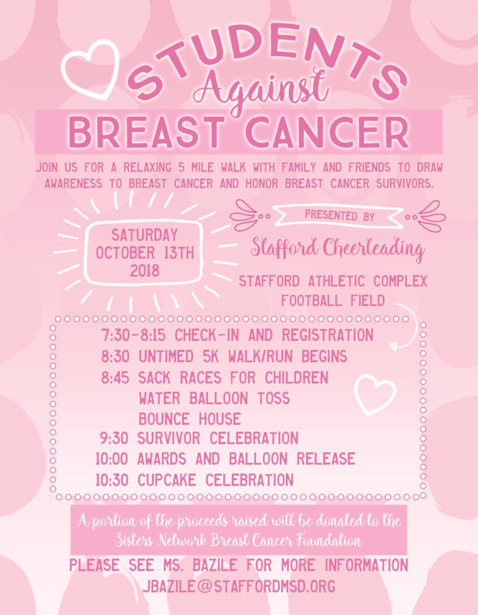STUDENTS AGAINST BREAST CANCER EVENT OCTOBER 13 Stafford MSD Board