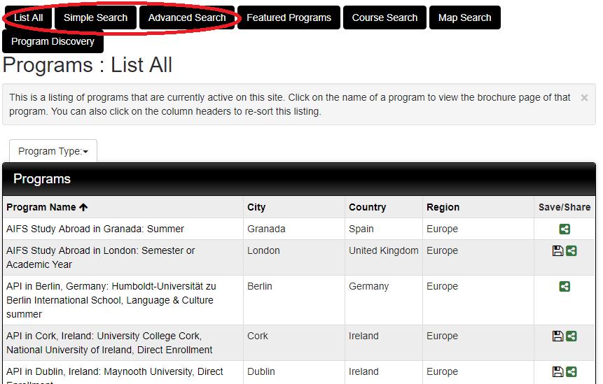 2. Search for programs by one of three options: List All: This is the default option.