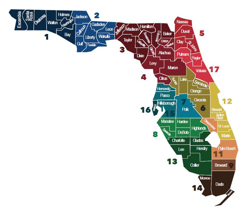 DISTRICT ORGANIZATION MAP The Department of Florida breaks down each county and puts them into Districts.