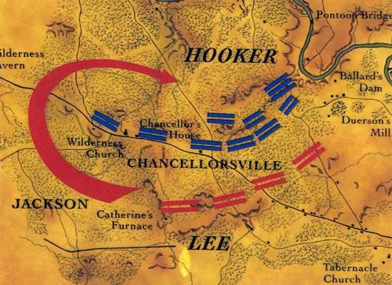 On May 4, 1863, the Confederates defeated Hooker s forces at Chancellorsville, Virginia. The Confederates (61,000) are shown in red and the United States (134,000) is shown in blue. General Robert E.