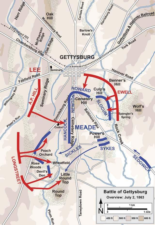 A confident Robert E. Lee ordered flanking attacks at both ends of the Union position on July 2, 1863. After a full day of battle, Union forces still held their positions.