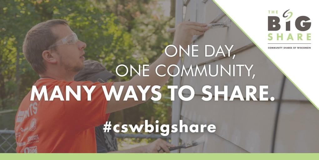 THE BIG SHARE BASICS The Big Share is an online day of giving hosted by Community Shares of Wisconsin for nearly 70 local nonprofits dedicated to building an equitable, just community and protecting