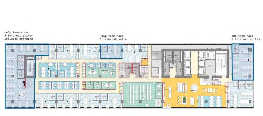 FLOOR 4: 23,900 SQFT Amenities 5 Conference Rooms 42 Private Offices 10 Phone Booths 1 Unique Common Area 1 Stocked Kitchen 1 Brainstorming Rooms
