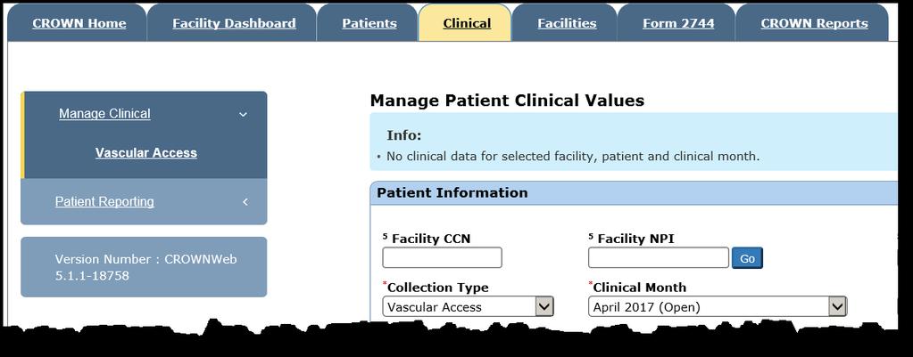 ) When you access the Manage Patient Clinical Values screen, a gray