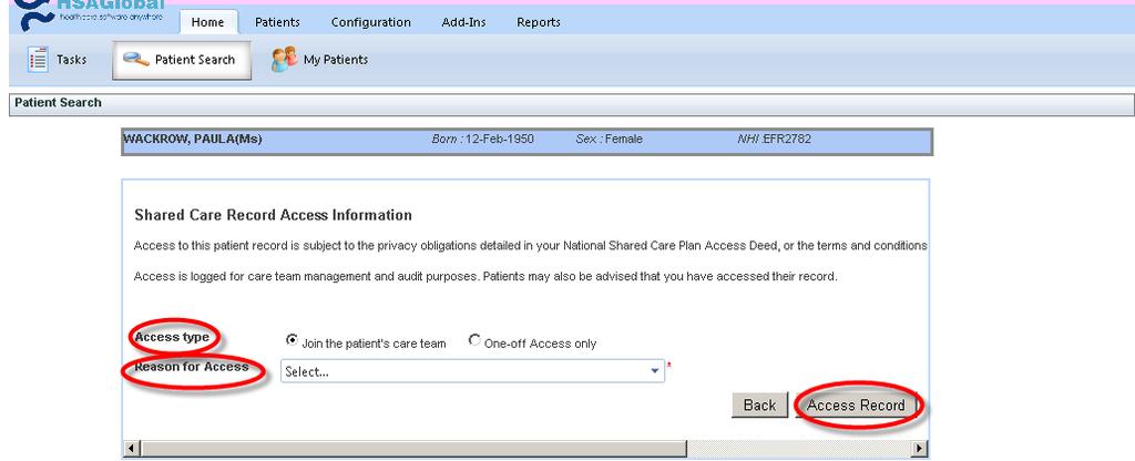 security page will be returned and you will be prompted for a reason to access the patient record Join Care