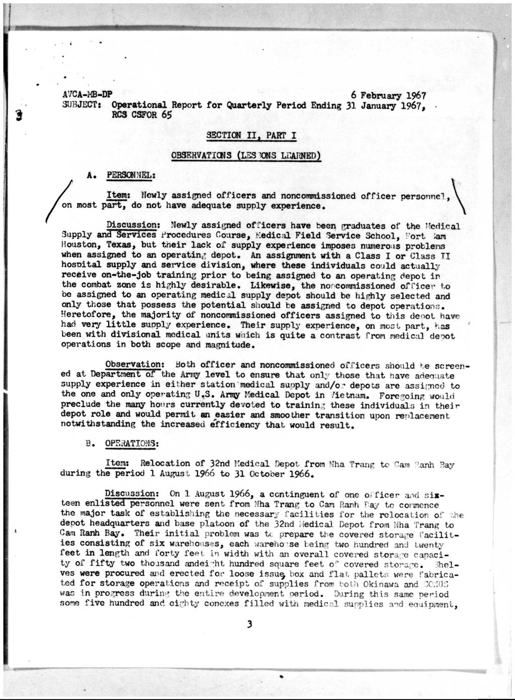 A'/CA-l-B-DP 6 February 1967 SUBJECT: Operational Report for Quarterly Period Ending 31 January 1967, RCS CSFOR 65 A. PERS0N?