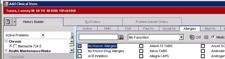 No Known Allergies functions the same as No Reported Medications. Step-by-step: Document No Known Allergies 1. From the Clinical Toolbar, click the Add New Problem button.