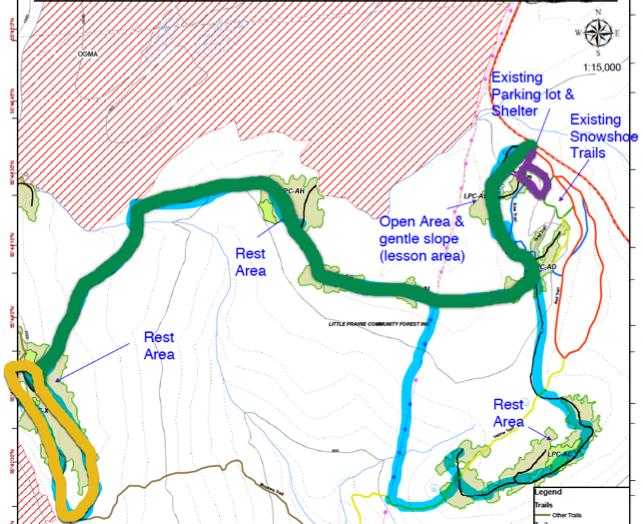 Widen to 1 km beginner ski loop through cut block Thick Orange: Tony Fazekas Memorial Trail Thin red, blue
