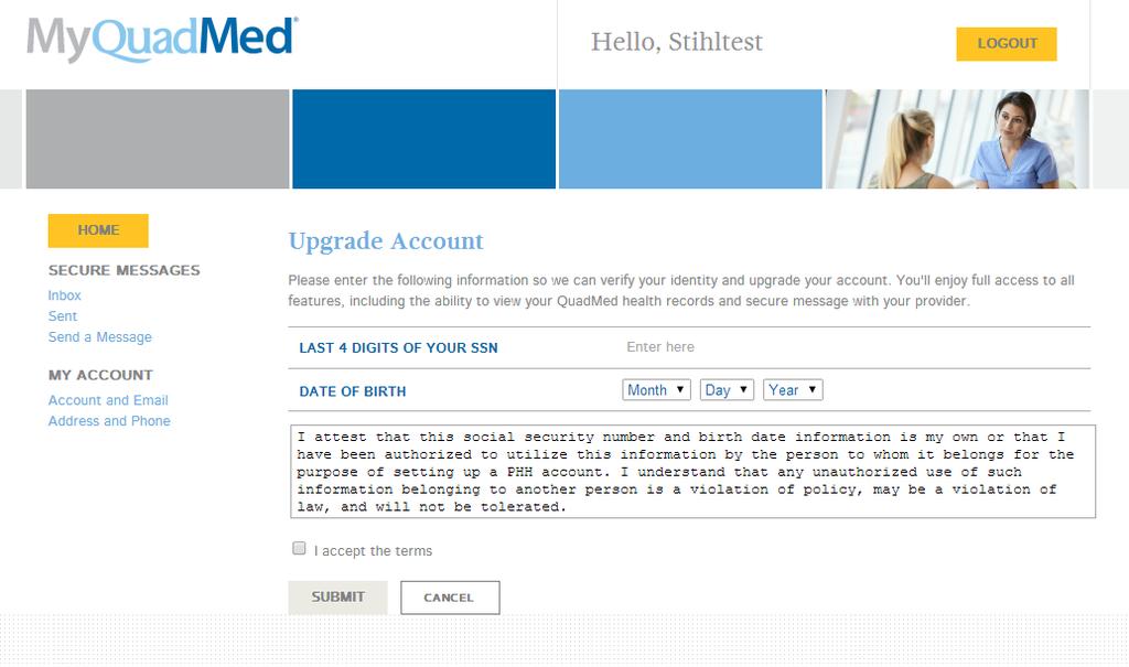 Click Upgrade Account after logging in to your MyQuadMed account.