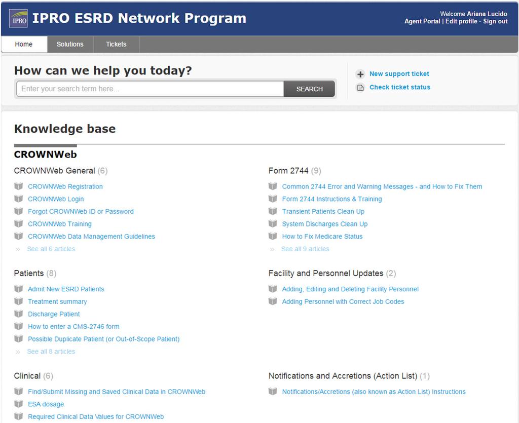 IPRO ESRD Network Freshdesk Data Support Platform for resolving and tracking requests for data assistance from facilities in our region Online Portal and Knowledge Base for facilities to utilize