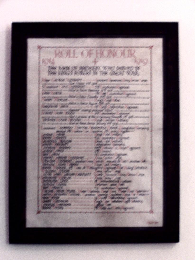 South wall of nave east end 850 x 645 x 20 ROLL OF HONOUR 1914 + 1919 THE MEN OF ANDERBY WHO SERVED IN THE KING S FORCES IN THE GREAT WAR: Major George Budibent Transport Department Army Service