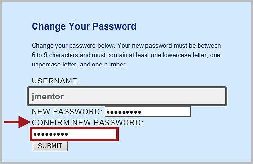 Type your new password in the NEW PASSWORD box. Your new password must be six to nine characters in length, and must contain at least one capital letter, one lowercase letter, and one number.