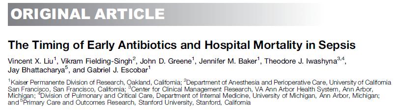 Antibiotics are Key Each elapsed hour between presentation and antibiotic administration was associated with a 9% increase in the odds of mortality with sepsis of all severity strata Increased Time