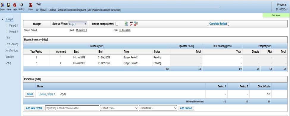 2.6 Completing the Budget Tab On the budget screen, InfoEd auto-populates the