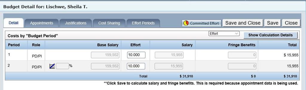 To add salary details for the Principal Investigator, select the Detail button next