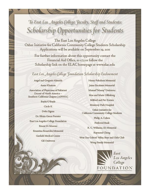 Please announce in your classes that scholarships will be available on September 19 through ELAC Financial Aid website.