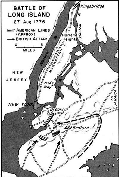 Battle of Long Island (August 1776) British army retreat from Boston to NYC in March 1776, British navy arrive July