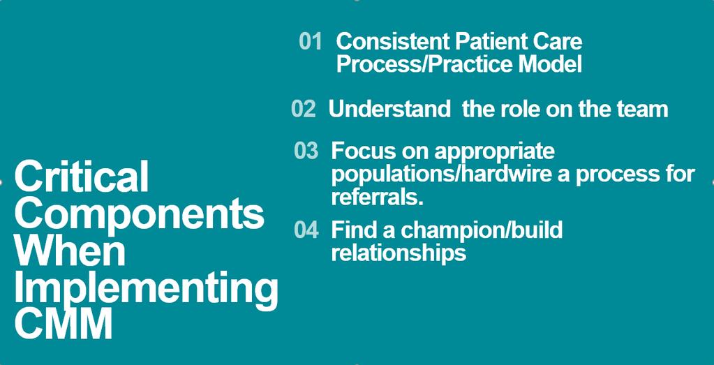 Critical Components When Implementing CMM 01 02 03 04 Consistent Patient Care Process/Practice Model Understand the