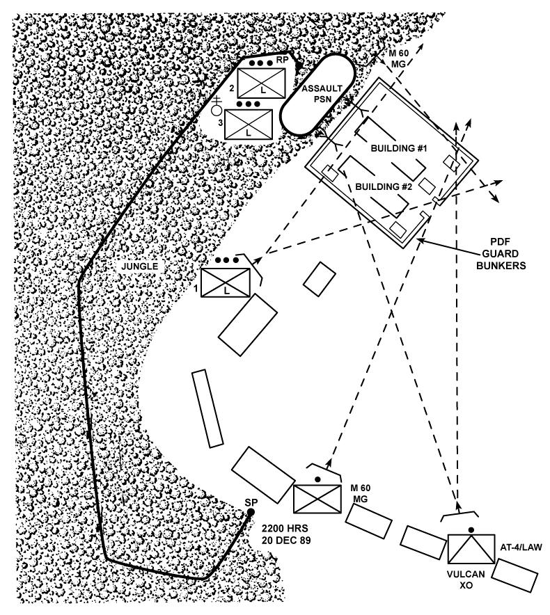 Diagram of the objective area. The company XO was designated the support element leader while the CO went with the assault element (company main effort).
