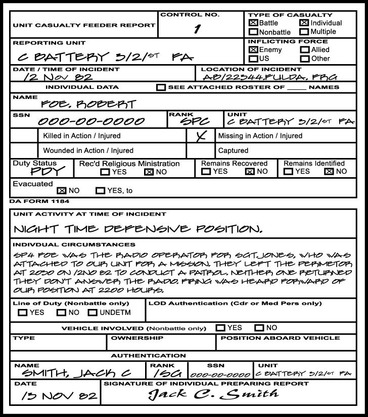 (Figure 8-4), are used to report missing or captured soldiers or when remains are not recovered. The form is completed by the soldier with the most knowledge of the incident.