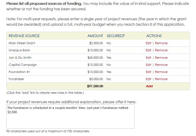 Section 5 (Continued) In the proposed sources table below Click Edit to add a revenue source and amount.
