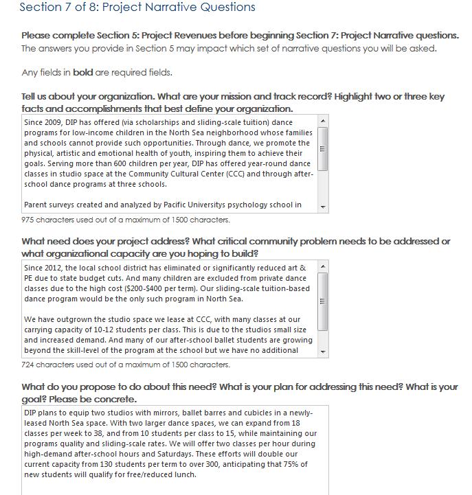Section 7 of 8: Project Narrative Questions PLEASE NOTE: You must complete Section 5 before you begin Section 7: Project Narrative Questions. Below are sample project narrative questions.