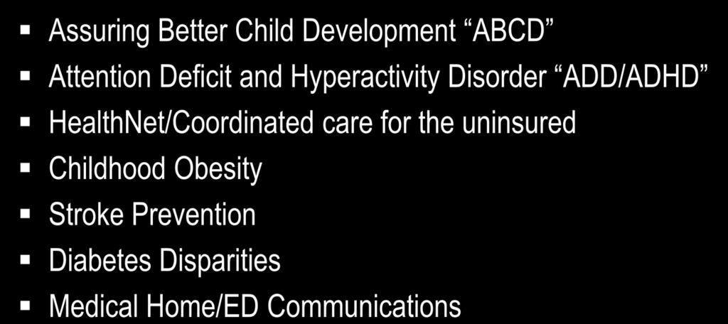 Current Local Network Quality Improvement Initiatives Assuring Better Child Development ABCD Attention Deficit and Hyperactivity Disorder