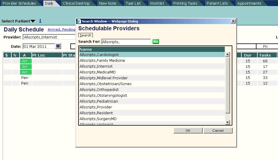 The Daily Schedule When you first log into Allscripts, you should default to the Daily Schedule page. To pull a provider s schedule on to the page, click on the blue All icon.