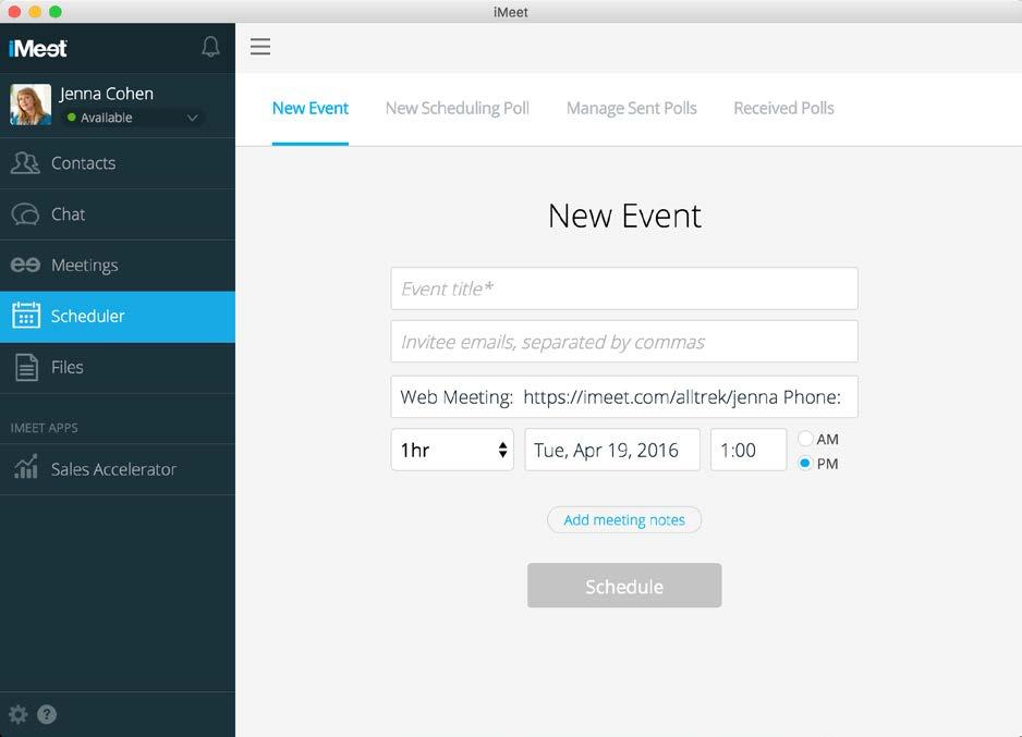 SCHEDULER Select Enable scheduler to send meeting invitations and free/busy polls from the desktop app. When you select this option, the Scheduler tab is added to the imeet navigation bar.