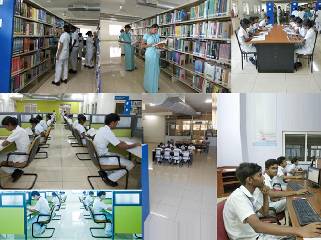 Apart from the central library, separate nursing library is available with large collection of books, magazines,
