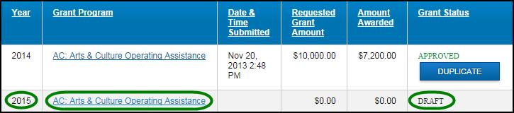 on the Grants Listing page. Click on the Duplicate button to create a copy of your Grant in DRAFT mode.
