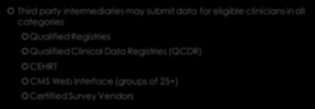 MIPS Reporting Third party intermediaries may submit data for eligible clinicians in all categories Qualified